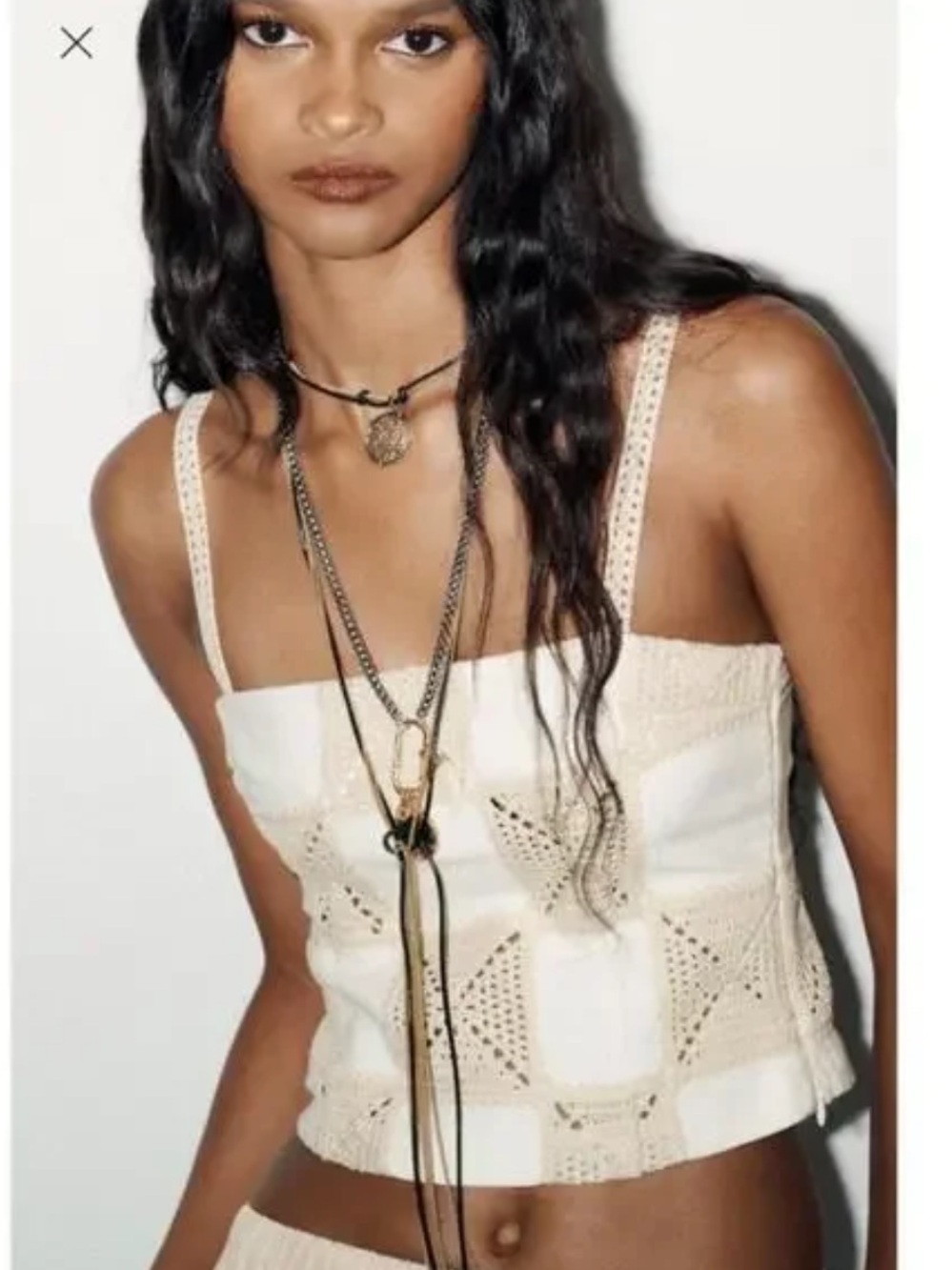 Zara Cream Crochet-Detail Square Neck Cami Top